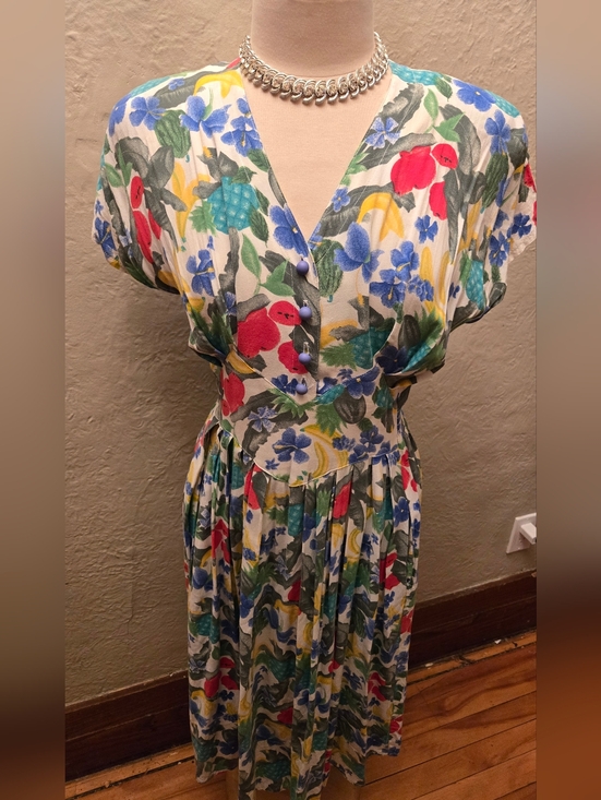 Vintage Dresses & Skirts - Vintage Fruit Print Dress Paris Montreal Cottagecore Fit Flare Midi